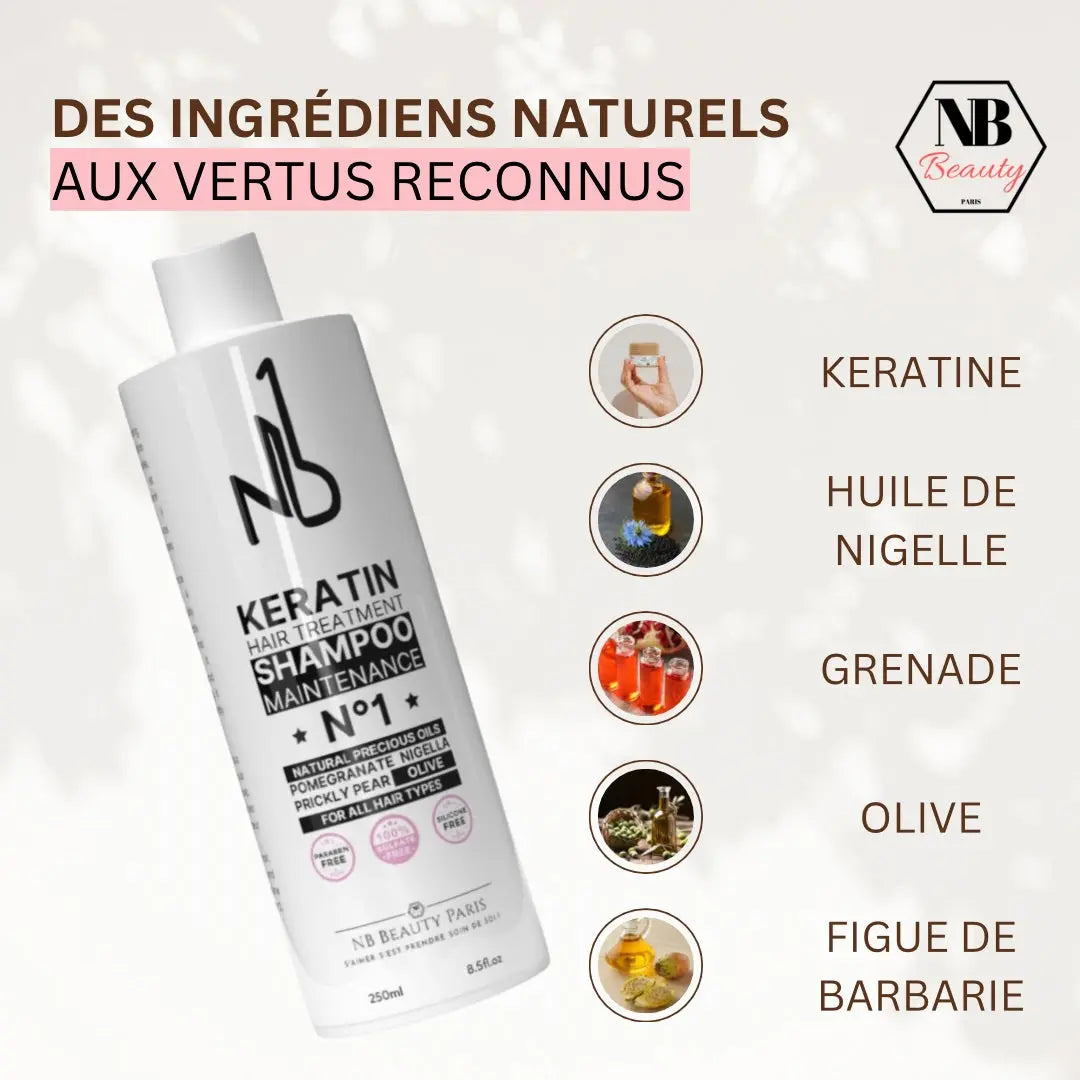 Shampoing sans sulfate Kératine - Réparateur Intense NB1 - Entretien post lissage brésilien N°1 - NB BEAUTY PARIS